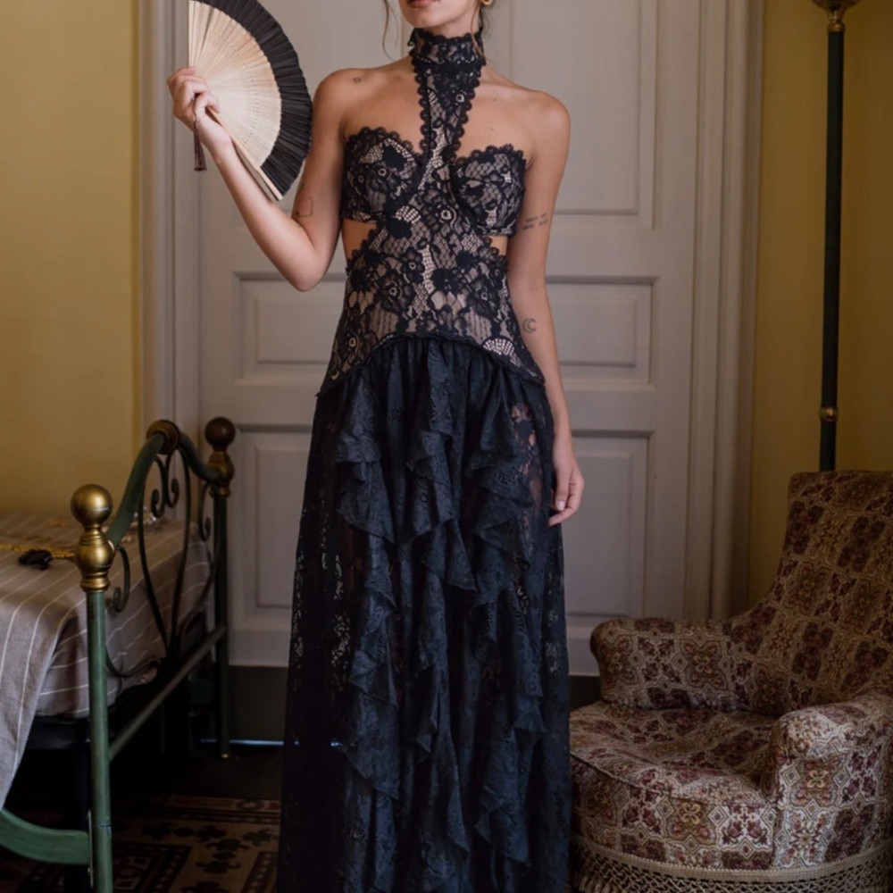 12th Tribe- Princesa Black Lace Drop Waist Maxi Dress (Size: M)